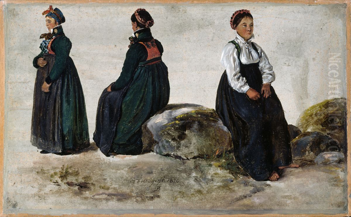 Studies of Female Costumes from Luster in Sogn Oil Painting by Johan Wilhelm Ludwig Dahl