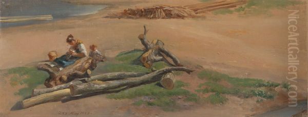 Woman and Child on a River Bank Oil Painting by Johan Wilhelm Ludwig Dahl