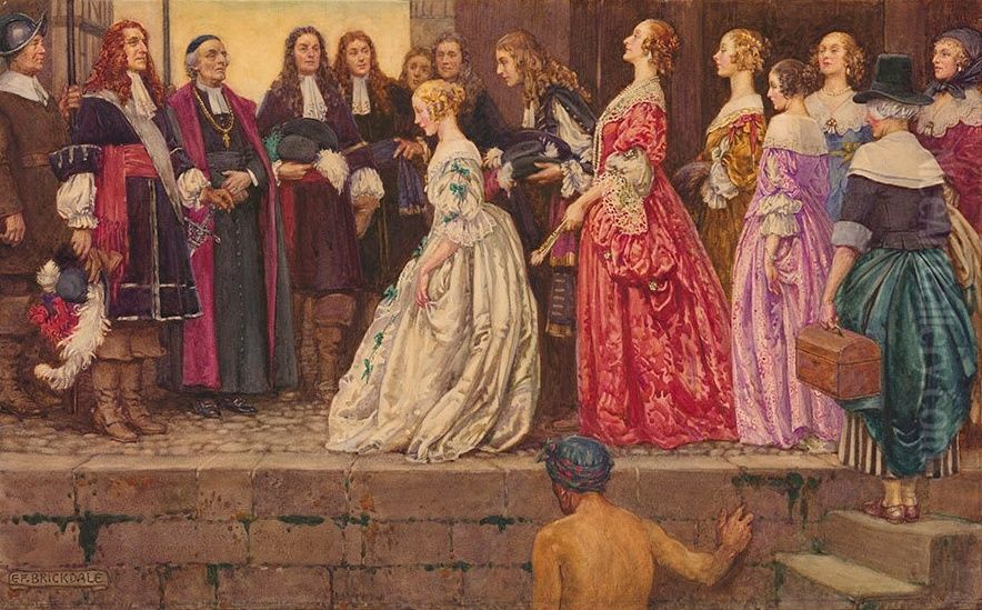Women coming to Quebec in 1667, in order to be married to the French Canadian farmers. Oil Painting by Eleanor Fortescue-Brickdale