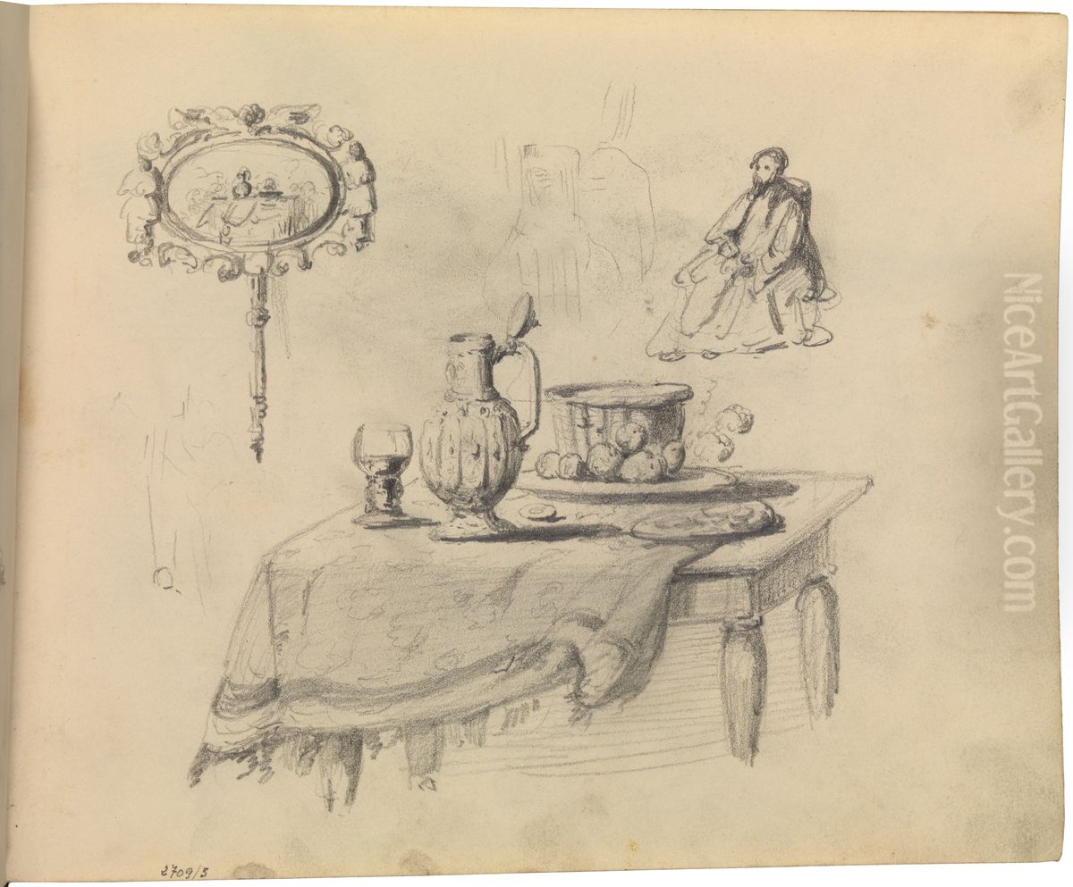 Stilleven, spiegel, zittende figuur Oil Painting by James Ensor