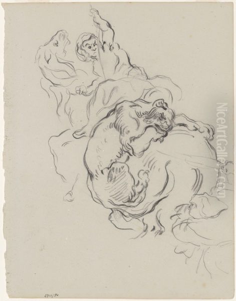 Studieblad van de leeuwenjacht Oil Painting by James Ensor