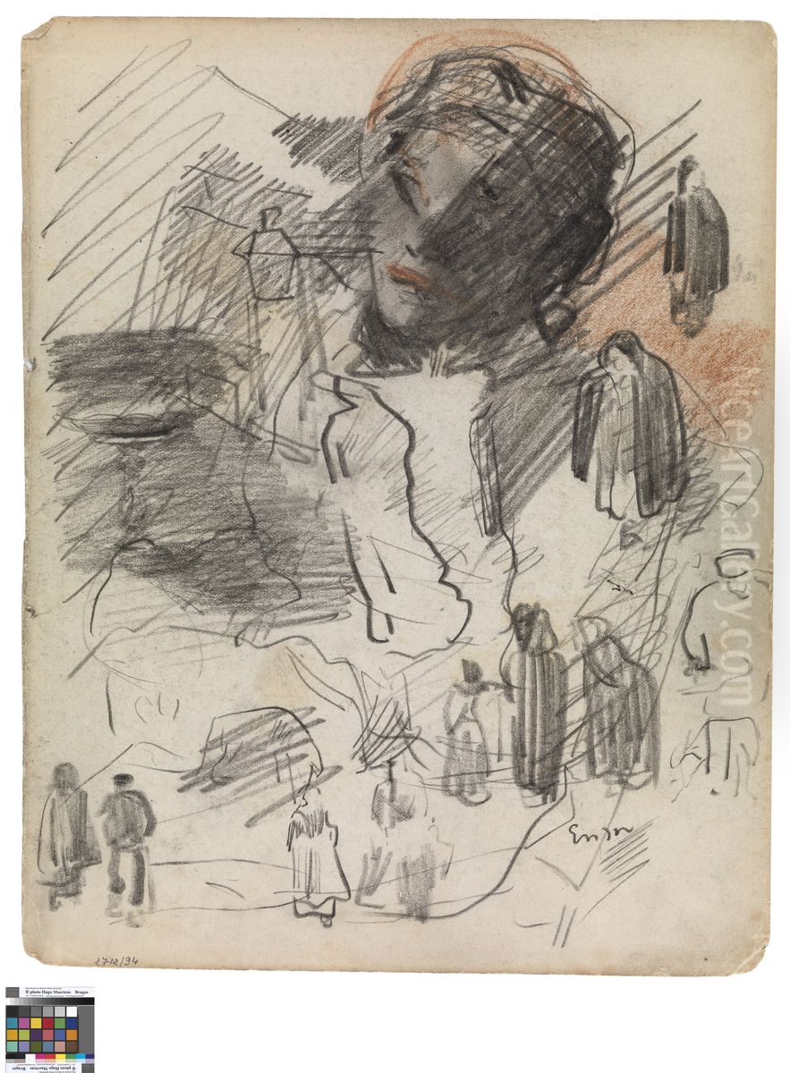 Vrouwenkop en silhouetten Oil Painting by James Ensor