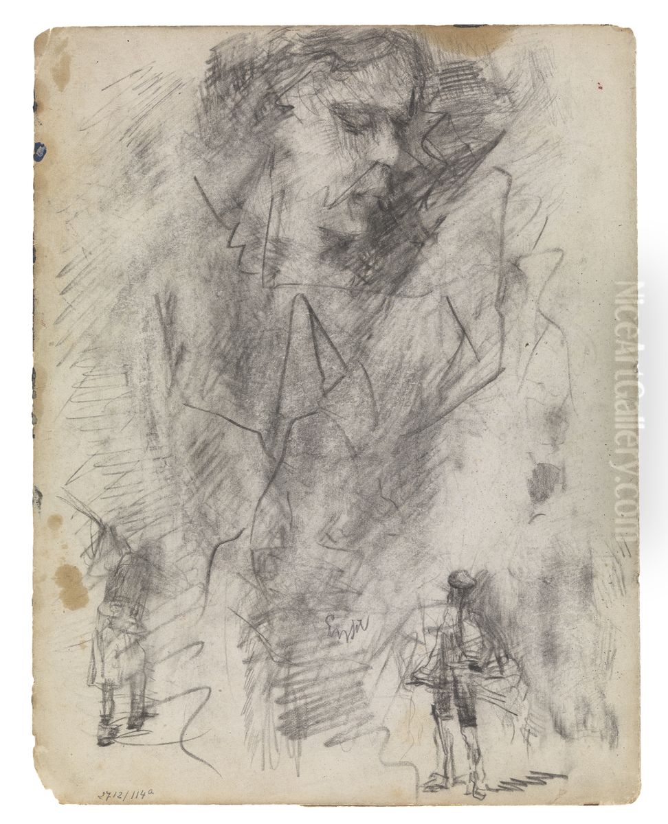 Vrouwenkop en figuurtjes Oil Painting by James Ensor