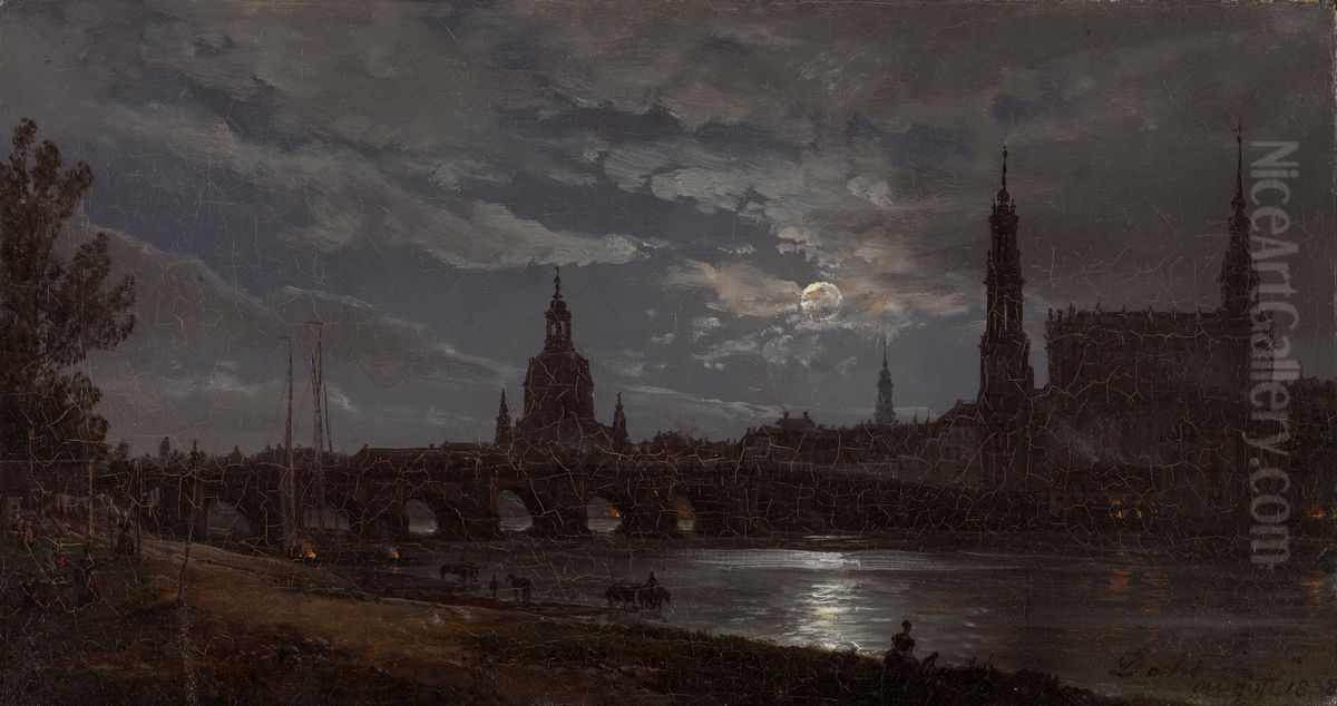 View of Dresden by Moonlight Oil Painting by Johan Wilhelm Ludwig Dahl