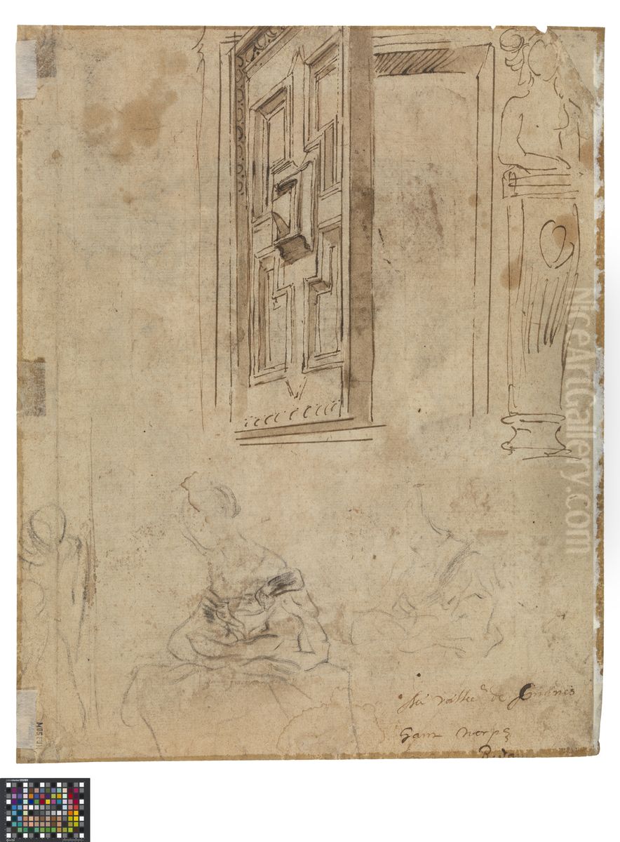 Die Heilige Familie mit Elisabeth und dem Johannesknaben (Ruckseite- Tur, Turoffnung und Herme Oil Painting by Jacob Jordaens