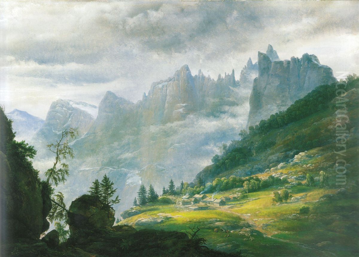 Nordic Landscape with Trolltindene Oil Painting by Johan Wilhelm Ludwig Dahl