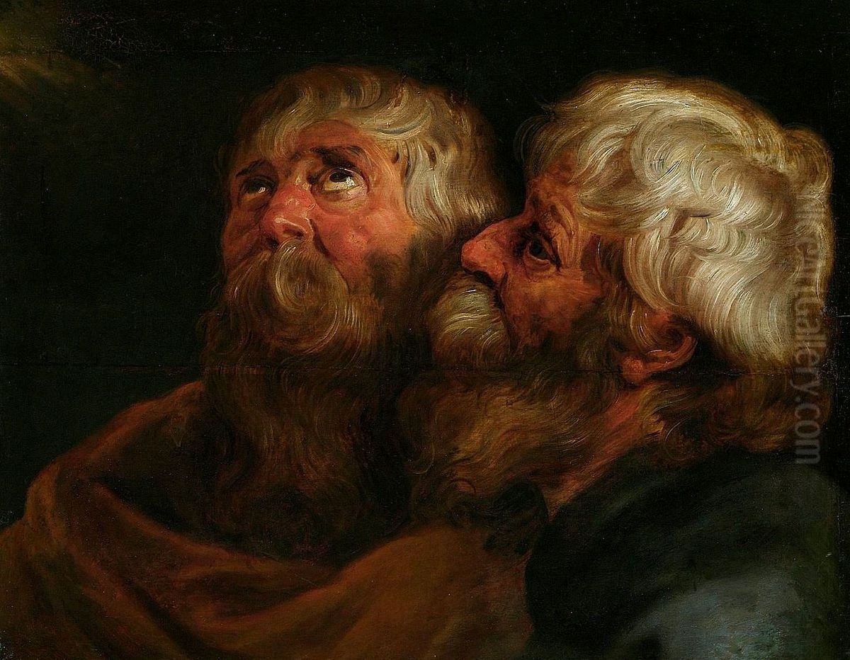 The Heads of two Apostles. Oil Painting by (studio of) Rubens, Peter Paul