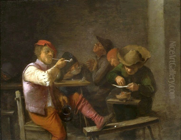 Smoking peasants at a table Oil Painting by Adriaen Brouwer