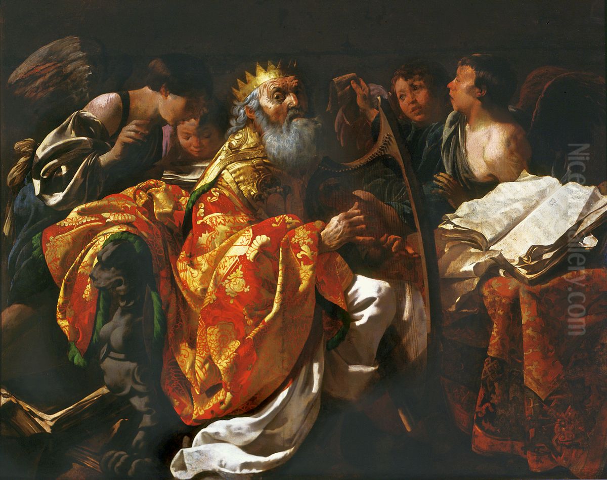 King David playing the harp, surrounded by four angels Oil Painting by Hendrick Ter Brugghen