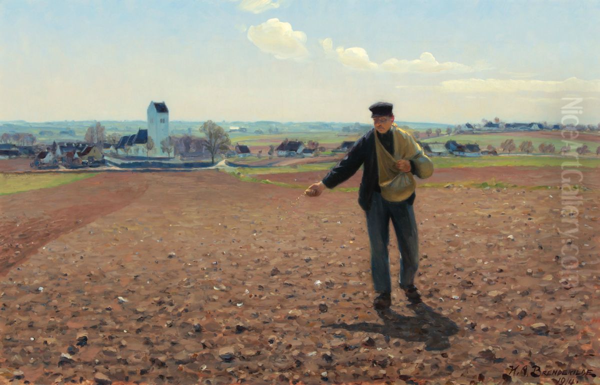 A sower of the field on a sunny spring day at Brendekilde Church Oil Painting by H. A. Brendekilde A sower of the field on a sunny spring day at Brendekilde Church Oil Painting by H. A. Brendekilde