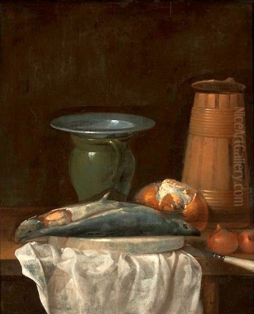 Stilleven met vis, brood en ui, servet, eet- en drinkgerei Oil Painting by Philips Angel