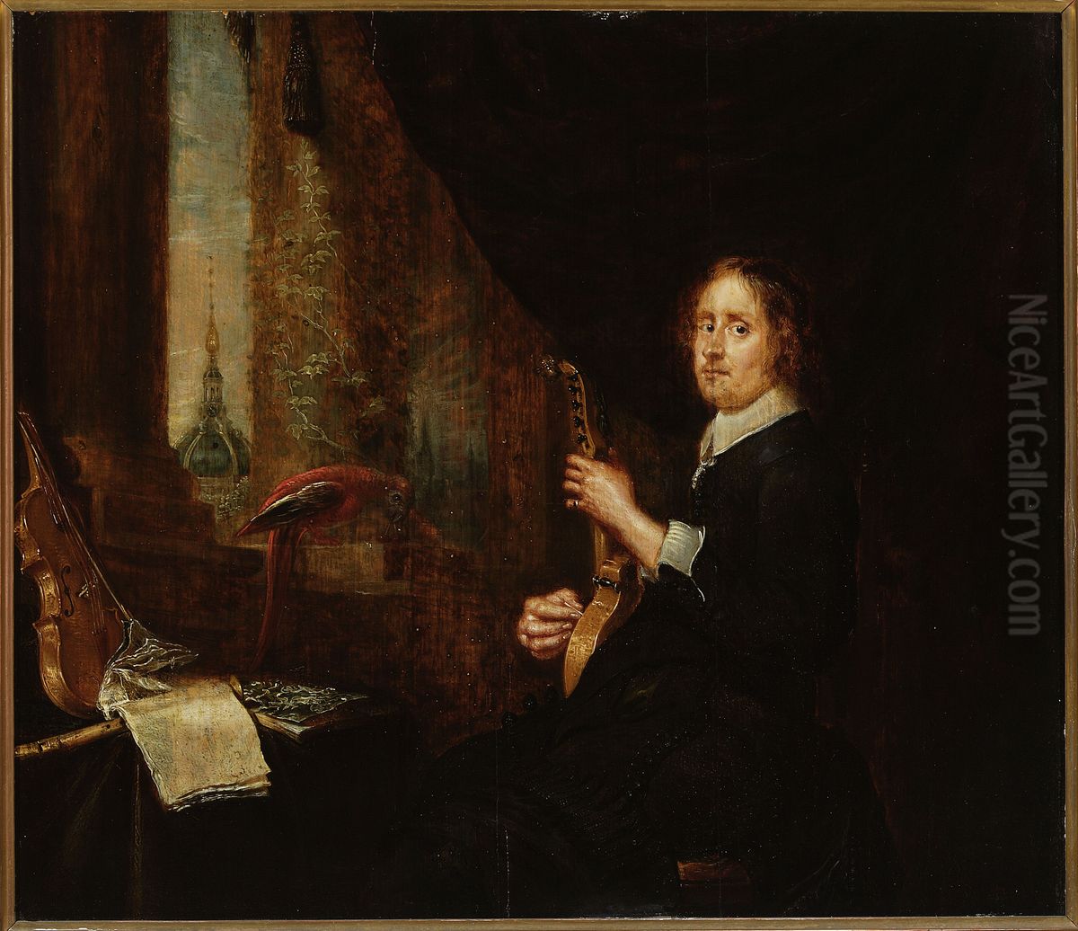 Portrait of a man with a cythara Oil Painting by Gonzales Coques