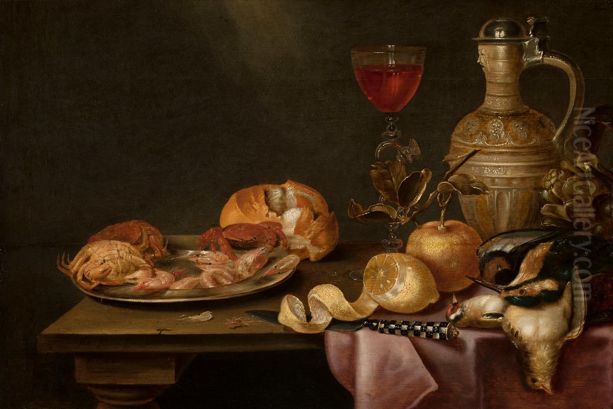 Still life with shrimps and crabs on a tin plate Oil Painting by Alexander Adriaenssen