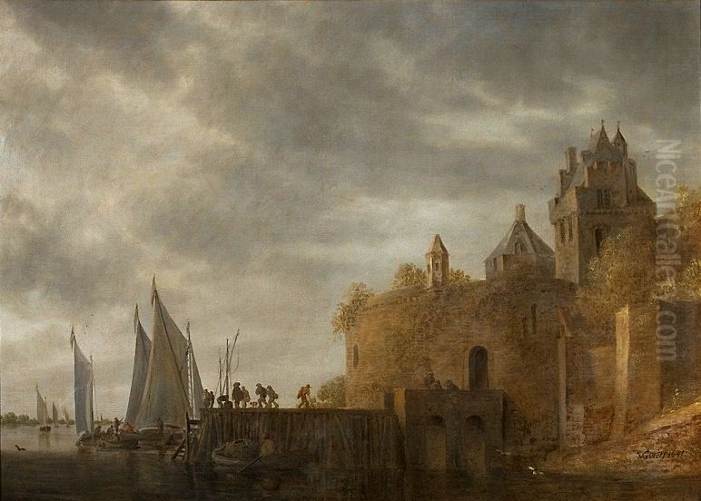 View of a port. Oil Painting by Jan van Goyen