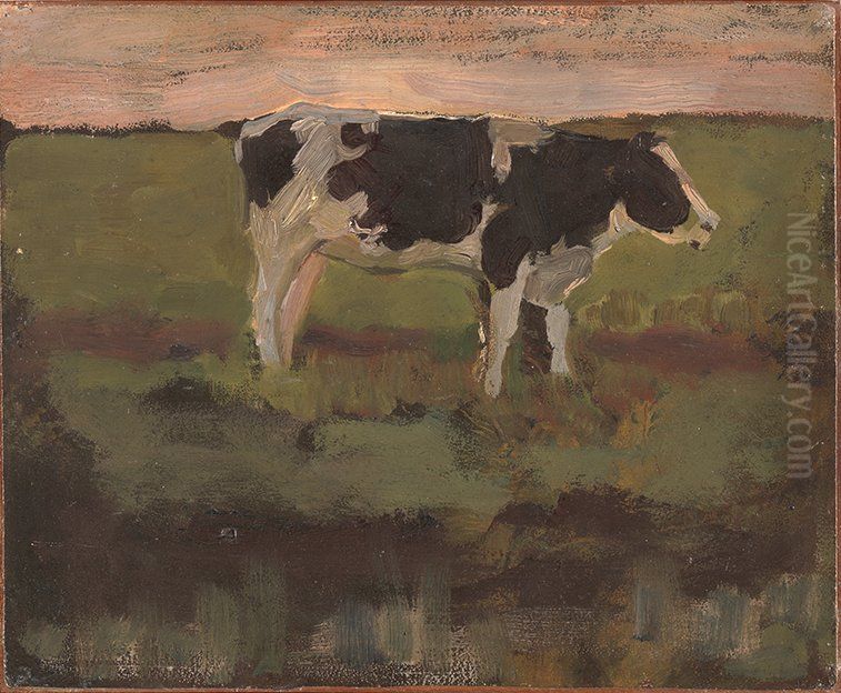 Zwartbonte vaars in de weide Oil Painting by Piet Mondrian