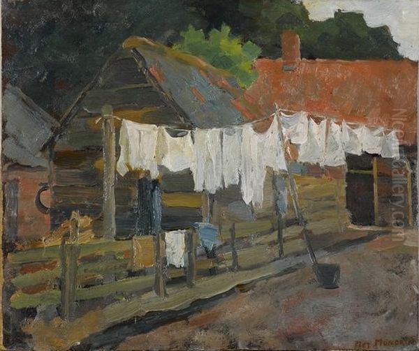 Boerderij met wasgoed aan de lijn Oil Painting by Piet Mondrian