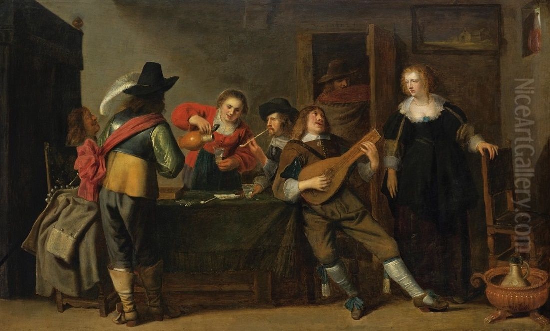 At the inn (Companions at a table). Oil Painting by Christoffel Jacobsz van der Laemen