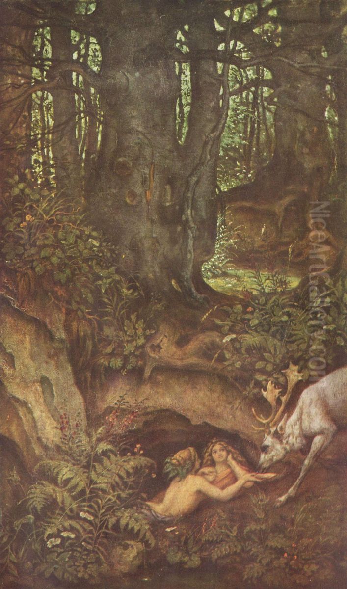 Nixen, einen Hirsch trankend Oil Painting by Moritz von Schwind