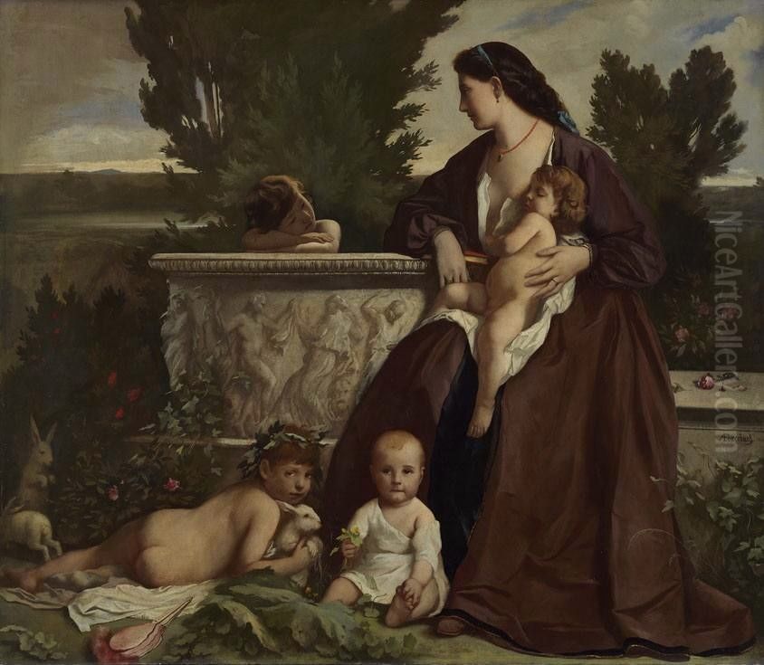Family portrait (A mother with children playing at a fountain) Oil Painting by Anselm Friedrich Feuerbach