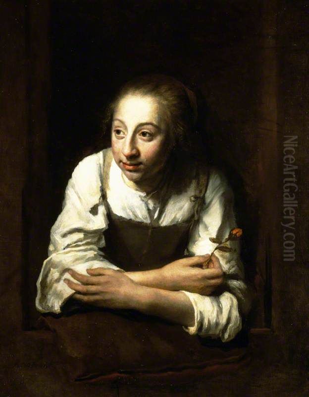 A Woman with a Rosebud leaning out of a Window Oil Painting by Philips Koninck