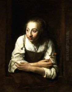 A Woman with a Rosebud leaning out of a Window