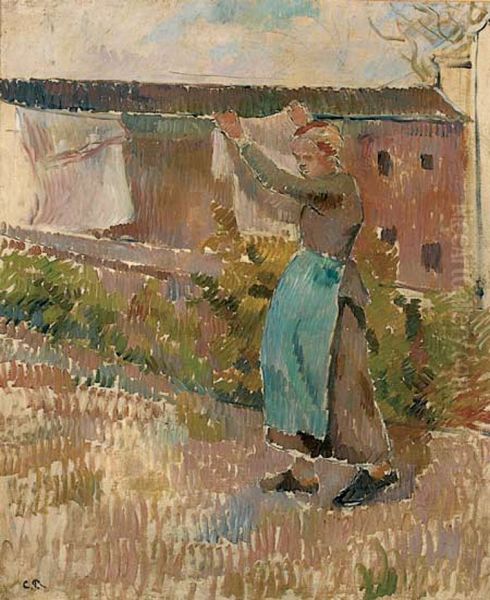 Frau Wasche aufhangend (Studie), von Camille Pissarro Oil Painting by Camille Pissarro