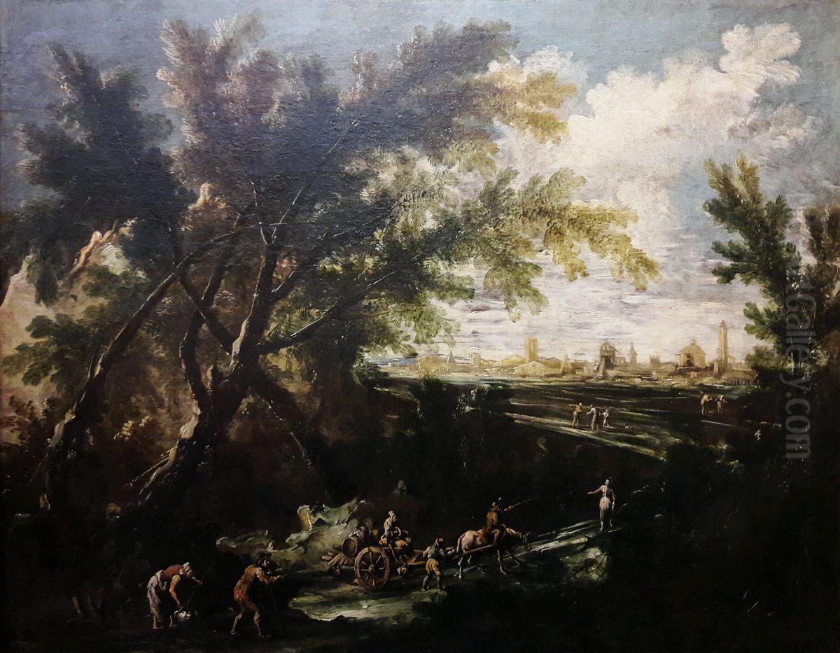 Landscape with a water carrier. Oil Painting by Antonio Francesco Peruzzini