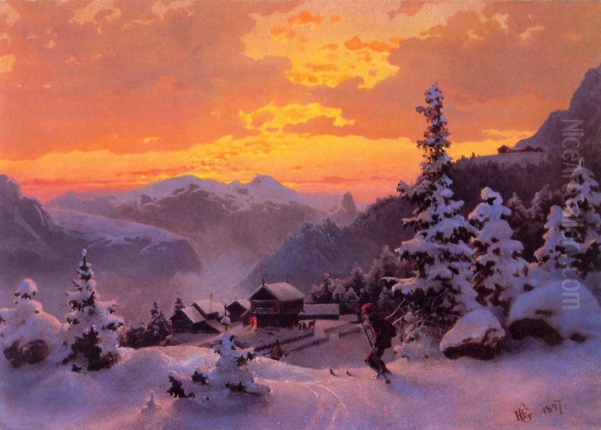 Winter Afternoon Oil Painting by Hans Gude