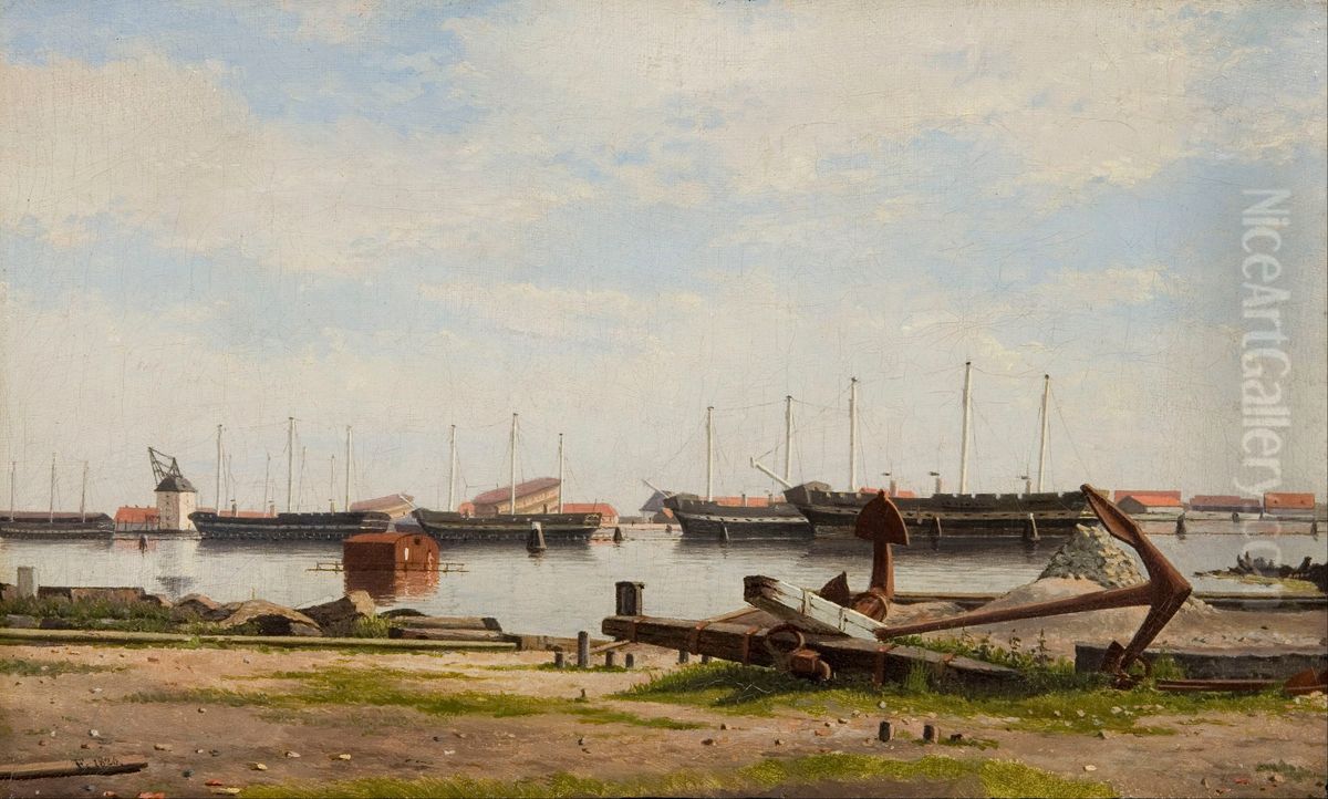 Parti af Nyholm med kranen og nogle krigsskibe Oil Painting by Christoffer Wilhelm Eckersberg