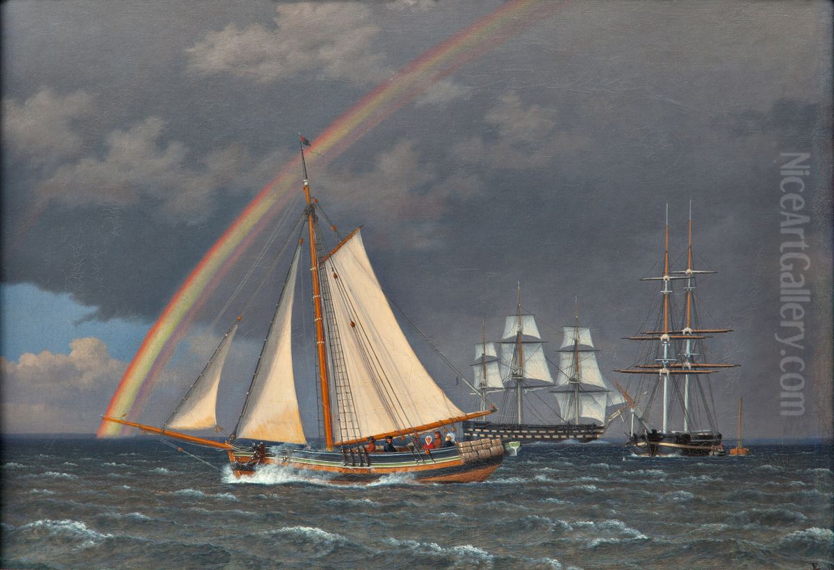Rainbow at sea with some cruising ships Oil Painting by Christoffer Wilhelm Eckersberg