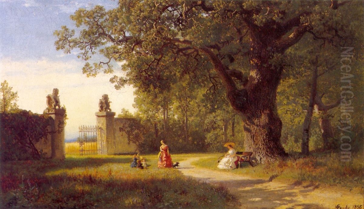 Parklandskap med figurer Oil Painting by Hans Gude