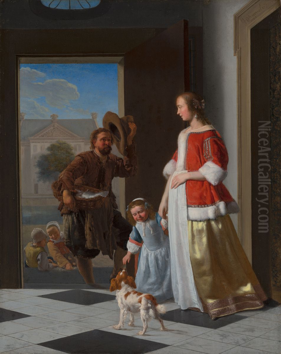 A Fishmonger at the Door Oil Painting by Jacob Ochtervelt