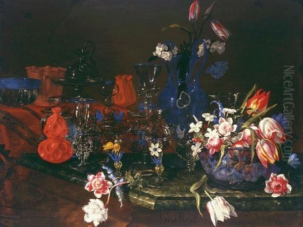 Still life with glass vessels. Oil Painting by Giuseppe Recco