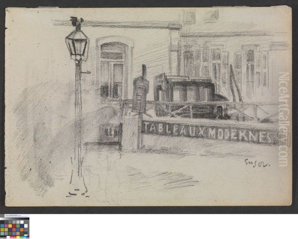 Houses, a street lamp and a carriage Oil Painting by James Ensor