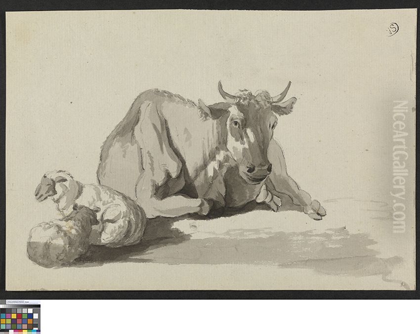 Twee schapen en een rund Oil Painting by Francesco Londonio