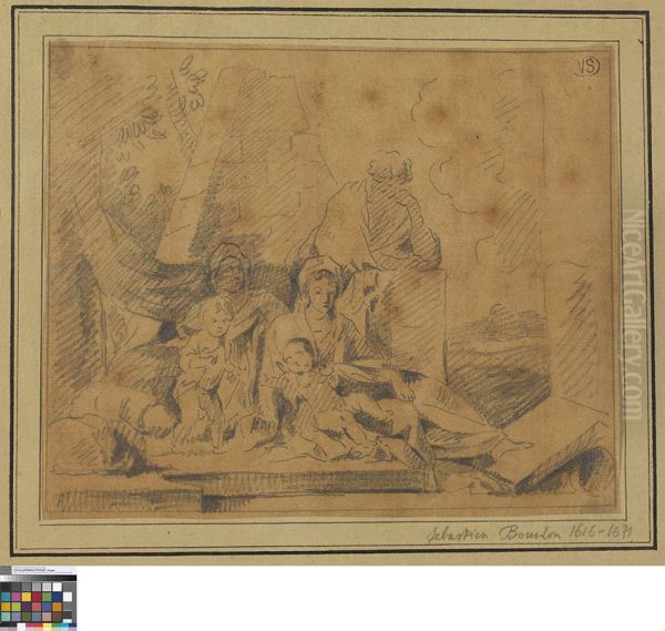 Heilige Familie met Johannes de Doper en Elisabet Oil Painting by Sebastien Bourdon