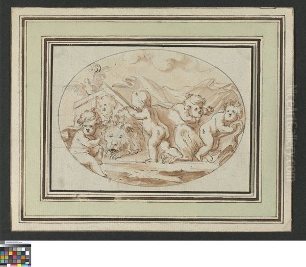 Putti met een leeuw en een duif Oil Painting by Peter Anton von Verschaffelt