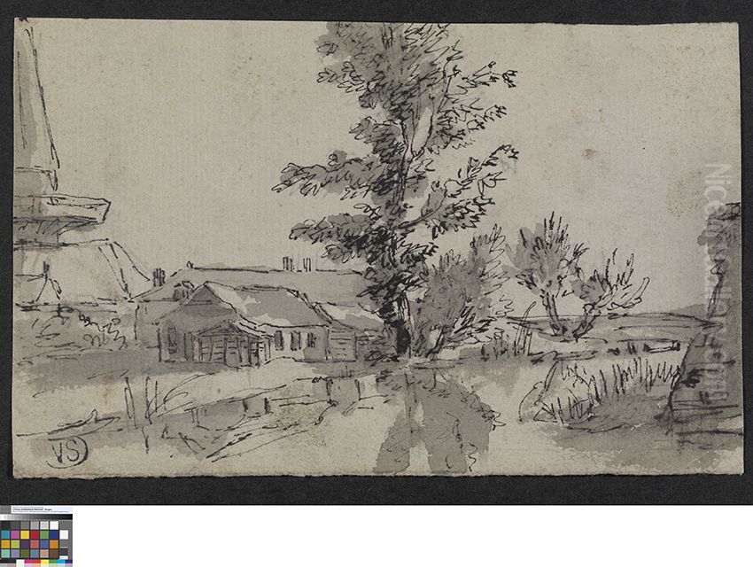 Landschap met hoeve en molen Oil Painting by Pieter-Frans De Noter