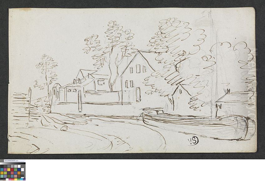 Huizen langs een rivier Oil Painting by Pieter-Frans De Noter