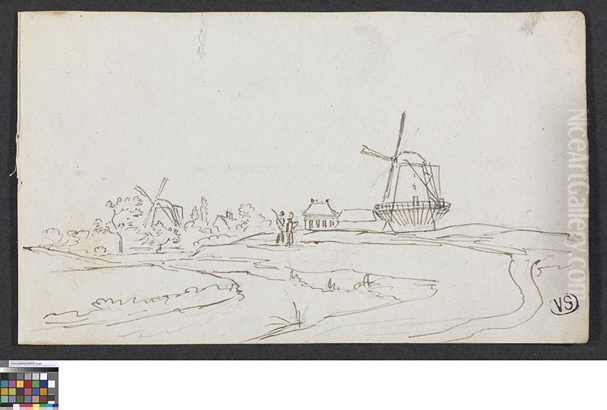 Landschap met twee windmolens Oil Painting by Pieter-Frans De Noter