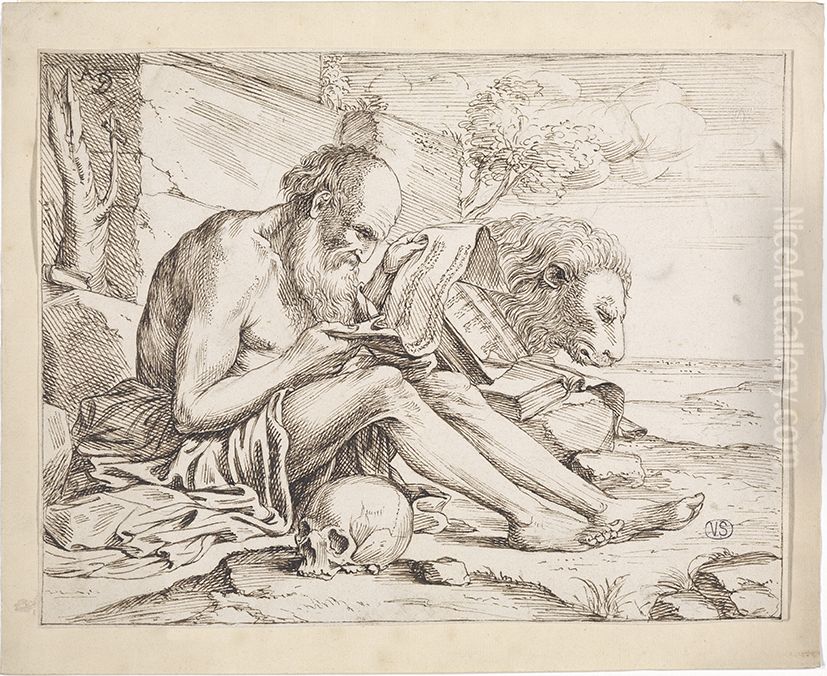 Heilige Hieronymus in de woestijn Oil Painting by Louis Marie Dominique Romain Robbe
