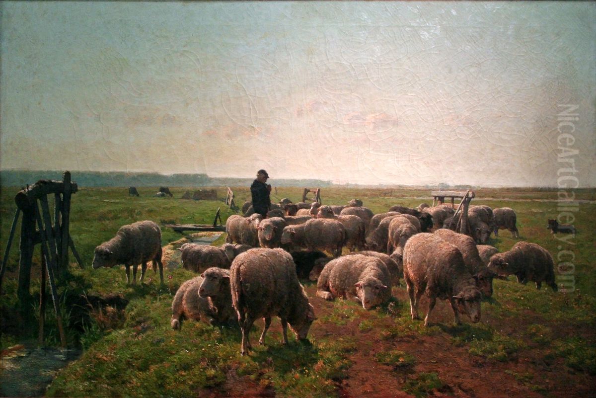 Landschap met herder en kudde schapen Oil Painting by Cornelius Van Leemputten