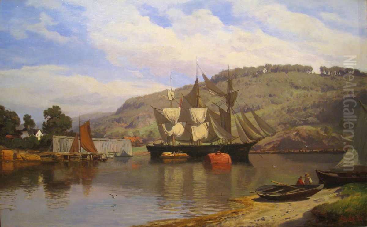 Drying the sails Oil Painting by Hans Gude