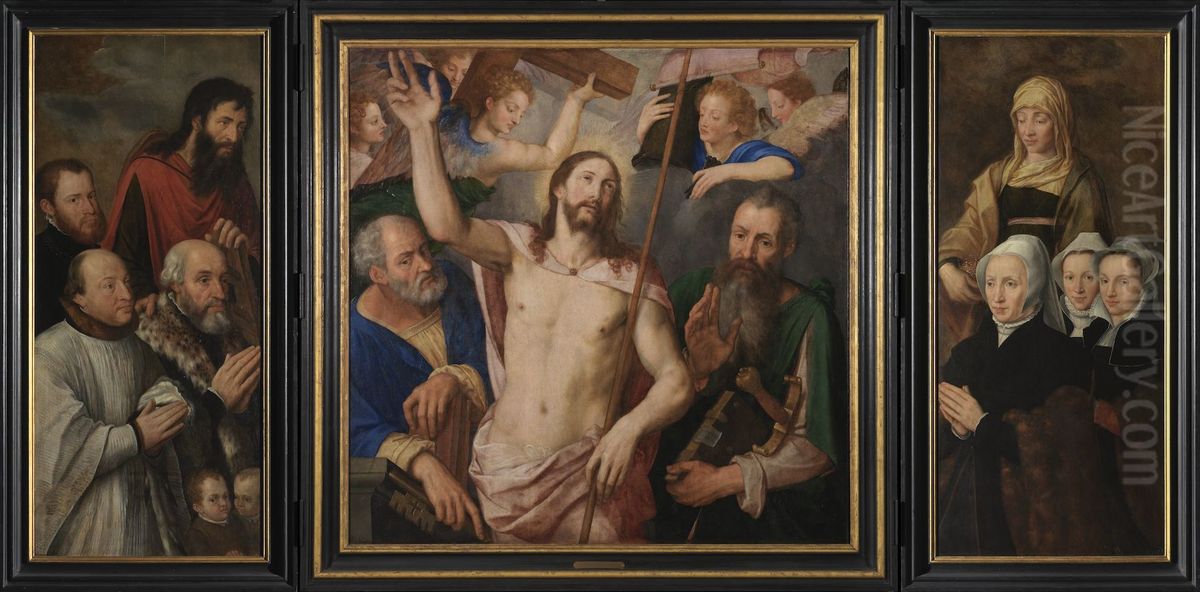Triptych with the triumph of Christ and the donor family Morillon Oil Painting by Michiel Coxie