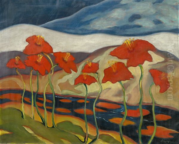 Landscape with Flowers Oil Painting by Zoltan Palugyay