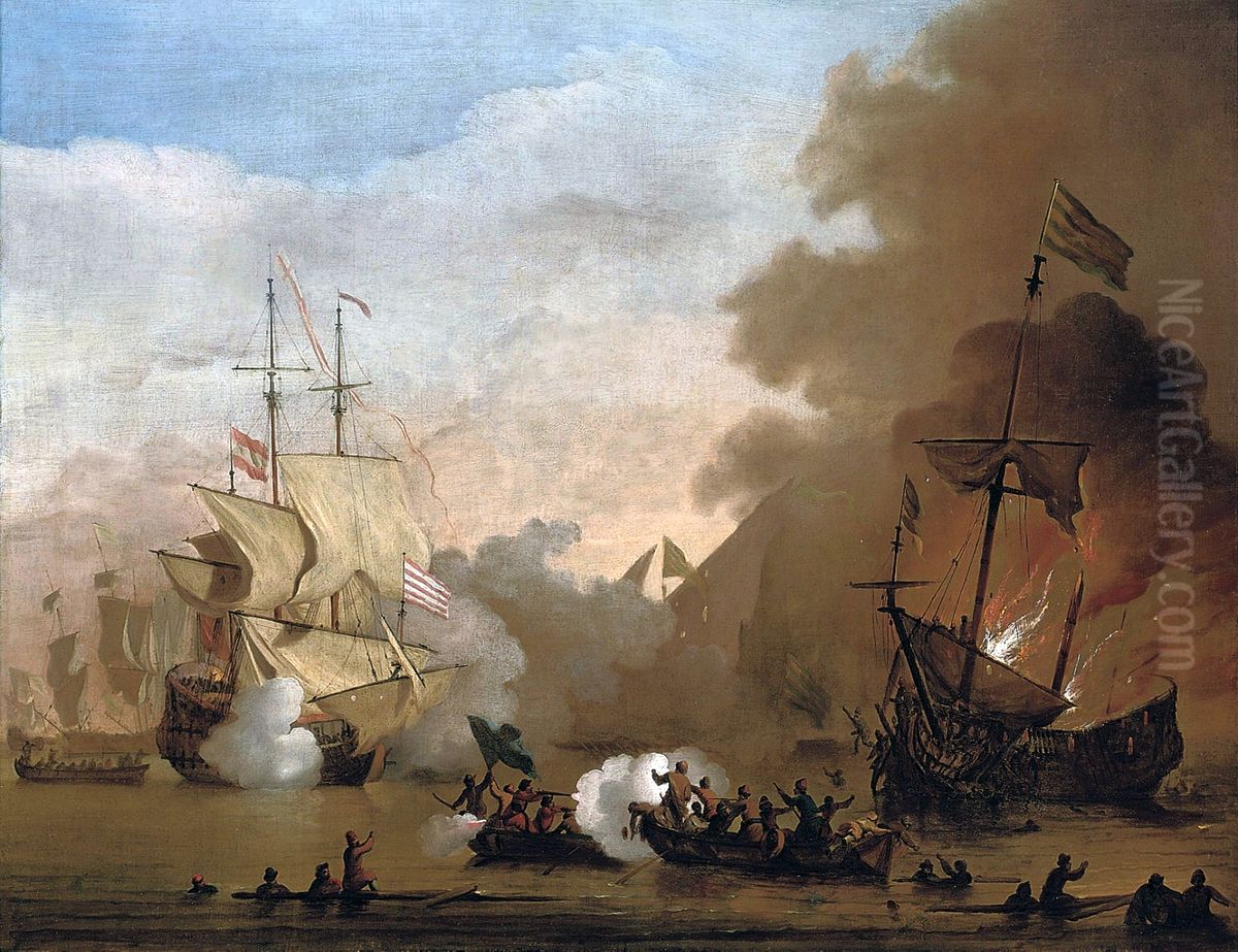 Een actie van een Engels schip en schepen van de Barbarijse zeerovers Oil Painting by Willem van de Velde the Younger