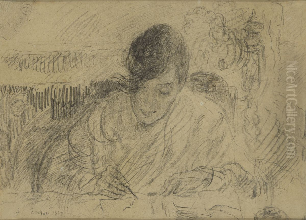 De briefschrijfster (Ensors zuster) Oil Painting by James Ensor