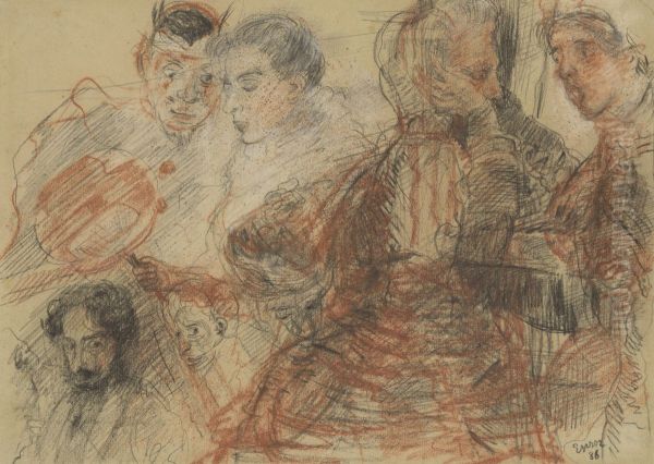 Zelfportret en figuren - Ensor en zijn familie Oil Painting by James Ensor