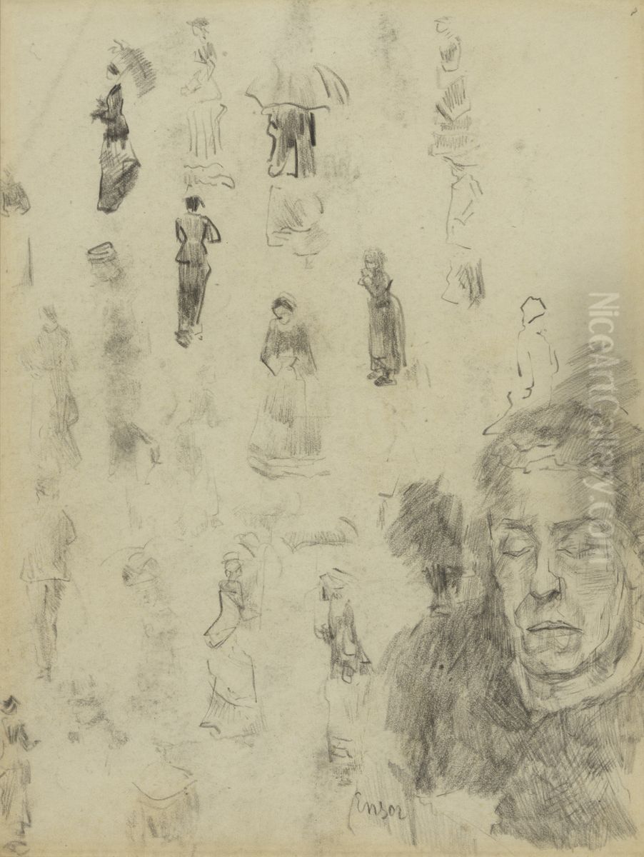 Ensors slapende moeder en figuren Oil Painting by James Ensor