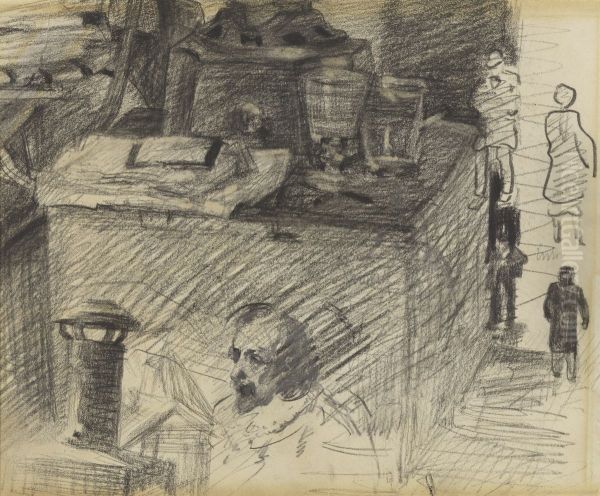 Hoek in het atelier met kachelvoet, kist en figuren Oil Painting by James Ensor